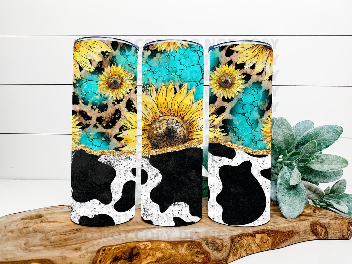 Cow Print With Leopard, Turquoise & Sunflowers Tumbler