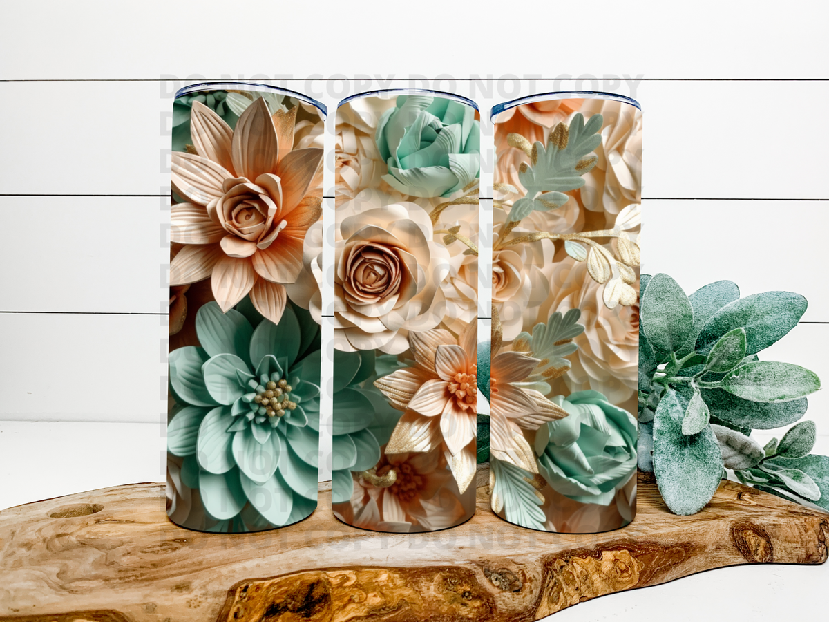 Pastel Blue & Peach Paper 3D Flowers Tumbler