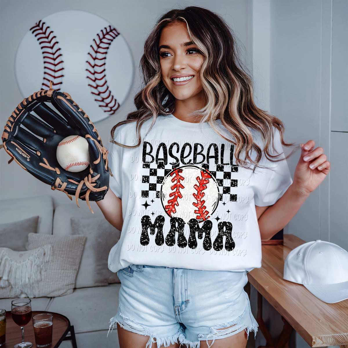 Baseball Mama Checkered || Faux Glitter || Tee