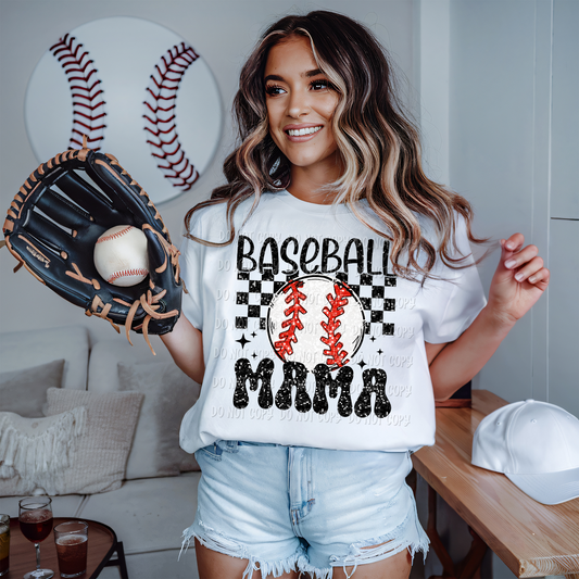 Baseball Mama Checkered || Faux Glitter || Tee