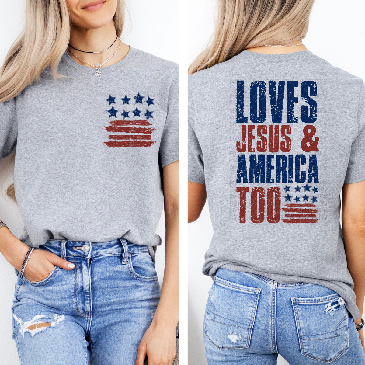Loves Jesus & America Too - Pocket Size Front - Tee