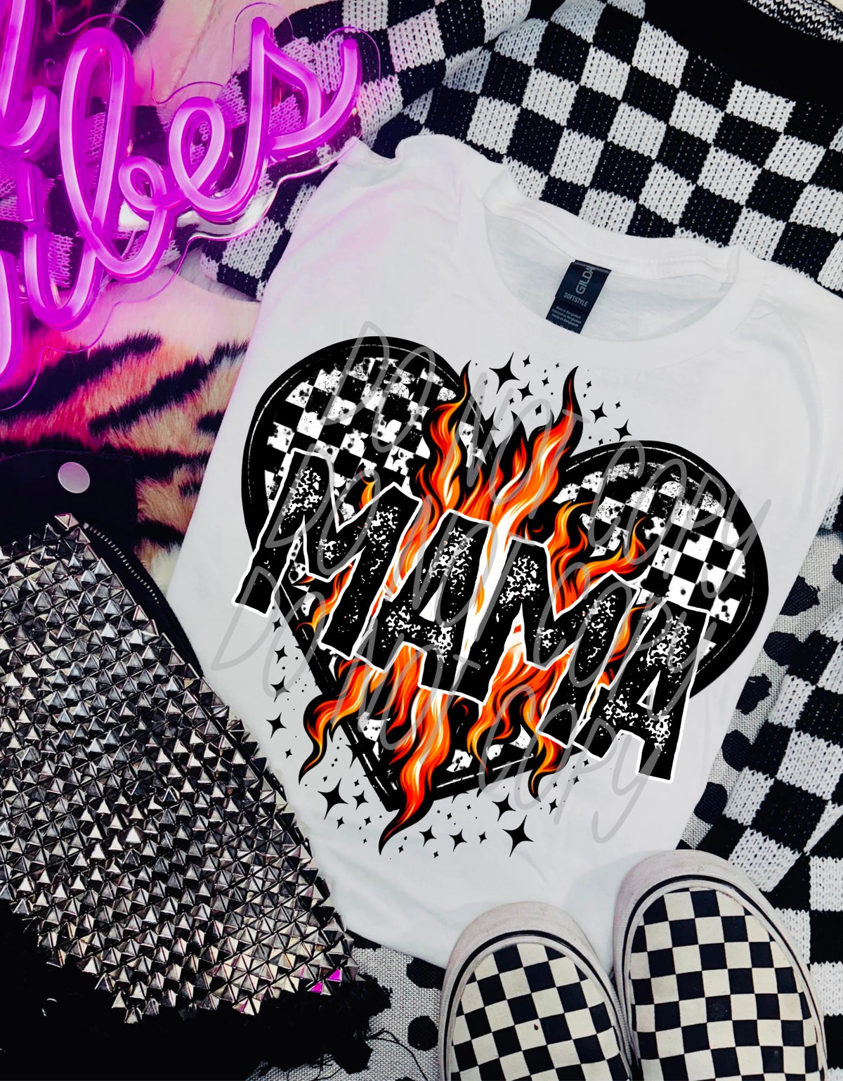 Fire Checkered Mama Heart  - Tee